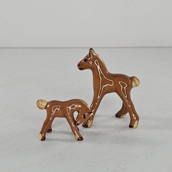 Vintage Japan Ceramic Horse Figurines Brown Glaze Set Of 2 Miniature Collectible - Picture 2 of 8